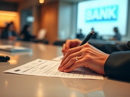 은행 창구에서 서류를 작성하는 사람의 손을 클로즈업한 이미지