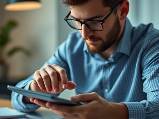 한 남자가 신중하게 계산기를 두드리며 월별 예산을 검토하고 있다.