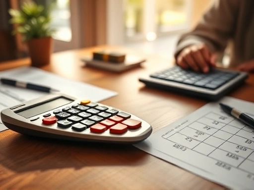 계산기와 서류가 놓인 테이블을 클로즈업하여 재정적 계획과 신중한 결정을 상징합니다.