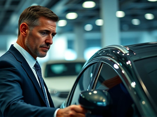 자동차 판매점에서 자동차를 살펴보고 있는 사업가의 모습