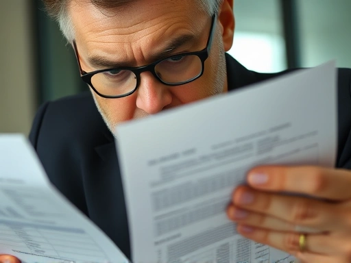 서류를 검토하며 심각한 표정을 짓고 있는 사업가의 클로즈업.