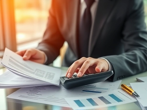 한 사업가가 서류를 검토하며 계산기를 두드리고 있는 장면