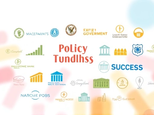 다양한 정부 기관 로고와 정책 자금 관련 아이콘이 떠다니는 추상적인 이미지