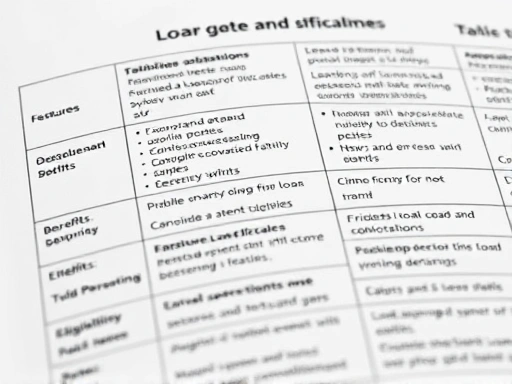 다양한 인구 통계에 적합한 여러 대출 옵션에 대한 주요 기능, 이점 및 적격성을 강조하는 정보 표를 보여주는 세부 클로즈업 이미지