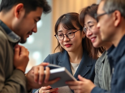 다양한 배경의 사람들이 서민금융진흥원 상품에 대해 논의하는 모습