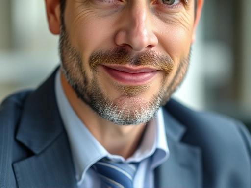 신용보증 절차를 상담하는 사업가의 클로즈업, 신뢰감을 주는 표정과 안정적인 구도로 사업 성공에 대한 기대를 표현하는 두 번째 이미지