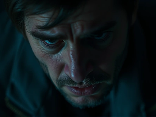 좌절감에 휩싸인 인물의 클로즈업 샷, 어두운 조명과 톤으로 불안한 감정을 강조하는 첫 번째 이미지