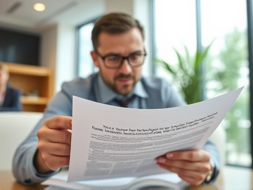 밝은 햇살이 비치는 사무실에서 서류를 검토하며 신용대출 금리 인하 협상을 준비하는 한 남성의 모습