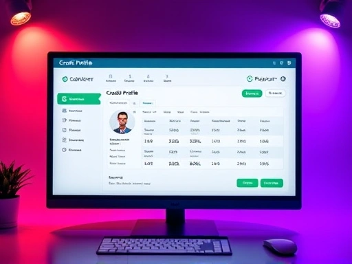개인의 신용 프로필이 상세히 표시된 화면, 다양한 색상 팔레트와 빛을 사용하여 전문적이고 신뢰감 있는 분위기