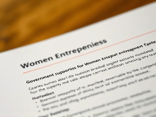 여성 창업가를 위한 정부 지원 정책 안내 팸플릿 클로즈업, 밝고 전문적인 조명으로 정보의 신뢰성 강조