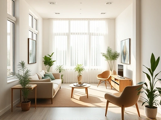 모던한 오피스텔 실내, 자연광이 창문을 통해 들어와 따뜻하고 아늑한 분위기