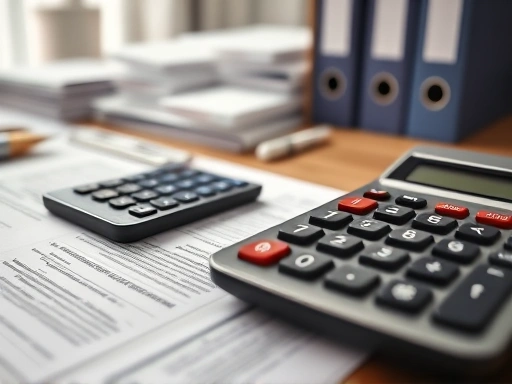 서류철과 계산기가 놓인 책상 위 클로즈업, 오피스텔 계약서와 대출 서류가 정돈, 차분한 색감과 정밀한 묘사, 50mm 렌즈, 은은한 조명