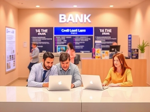 다양한 연령대의 사람들이 노트북과 은행 창구에서 신용대출을 상담받는 장면