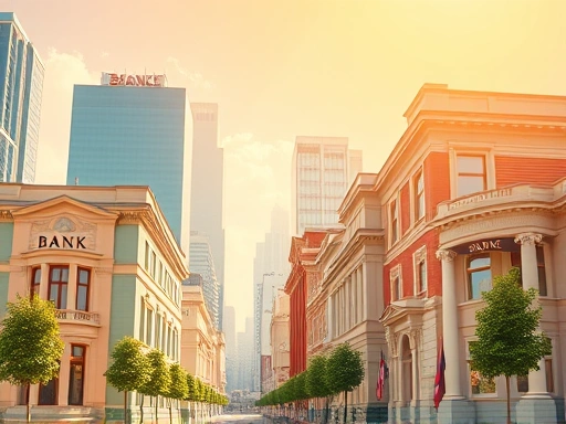 다양한 은행 건물이 줄지어 늘어서 있는 생동감 넘치는 도시 풍경을 보여주는 이미지
