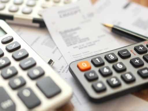 계산기와 의료비 영수증을 클로즈업하여 재정적 부담을 상징적으로 보여주고, 차분한 색감과 분석적인 조명을 사용하여 신중한 의사 결정을 강조합니다.