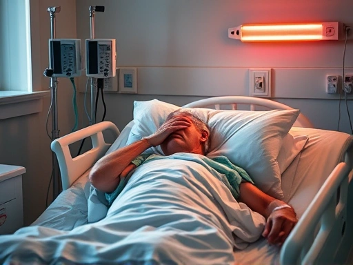병원 침대에 누워 고통스러워하는 환자의 모습