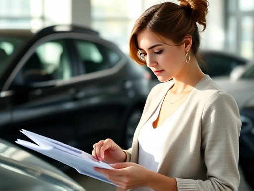 자동차 판매점에서 계약서류를 검토하는 여성, 부드러운 자연광과 꼼꼼한 서류 검토로 신중한 분위기