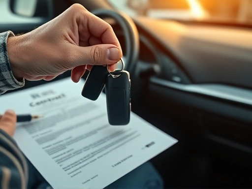 자동차 키와 계약서를 든 남성의 손 클로즈업, 따뜻한 실내 조명과 계약서의 디테일로 신뢰와 기대를 나타내는 두 번째 이미지