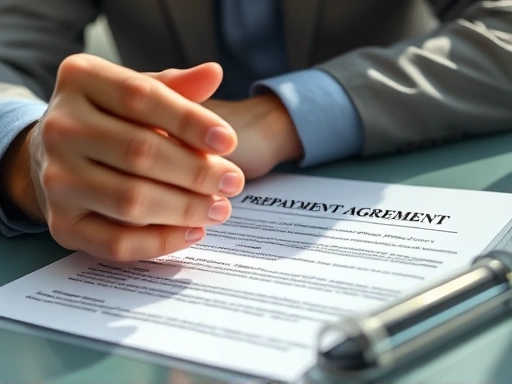 자동차 대출 조기 상환 계약서를 들여다보는 클로즈업 샷으로, 복잡한 조건과 조항을 이해하려는 신중한 분위기