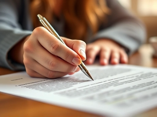 자동차 대출 계약서에 서명하기 위해 펜을 들고 있는 여성의 손을 클로즈업한 이미지