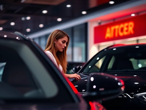 세련되고 현대적인 자동차 쇼룸에서 새로운 자동차를 살펴보고 있는 젊은 여성을 보여주는 이미지