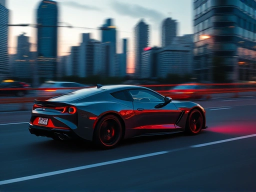 세련된 자동차가 도시 배경으로 운전하는 모습