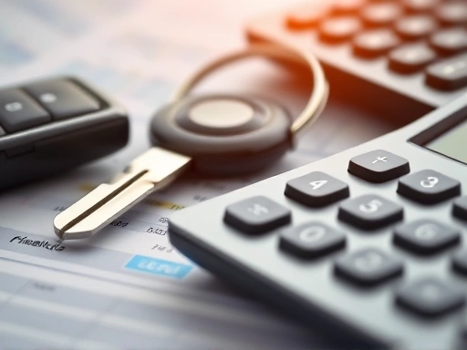 자동차 키와 계산기가 놓인 클로즈업 장면
