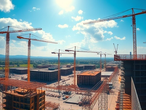 재건축 단지 전경, 건설 크레인, 푸른 하늘.