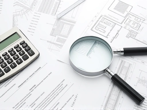 재건축 사업 관련 서류, 계산기, 돋보기.