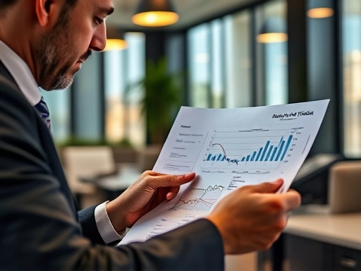 세련된 사무실에서 전문가가 차트를 분석하며 대환대출 옵션을 검토하는 모습