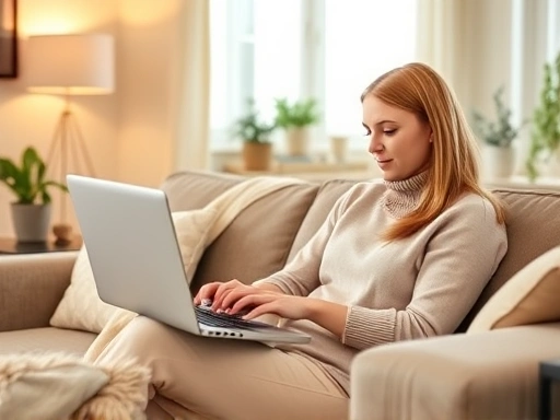 밝은 햇살이 들어오는 아늑한 거실, 소파에 앉아 노트북으로 은행 웹사이트를 비교하며 전세자금대출 정보를 검색하는 젊은 여성의 모습