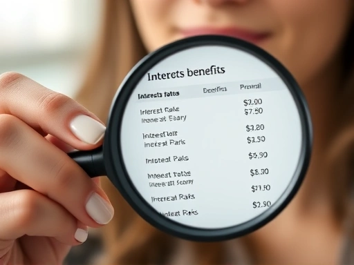 여성의 손에 들린 돋보기, 은행별 금리 혜택 조건이 담긴 웹페이지를 확대하여 꼼꼼히 살펴보는 클로즈업 샷.