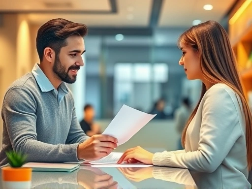 은행 창구에서 상담을 받는 젊은 부부의 모습