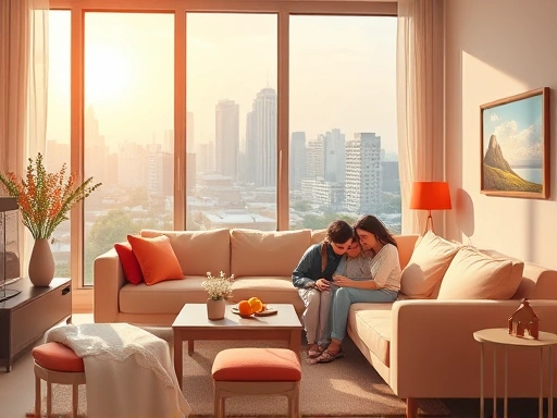 따뜻한 색감의 아늑한 거실, 창밖으로 보이는 도시 풍경, 밝고 희망찬 분위기