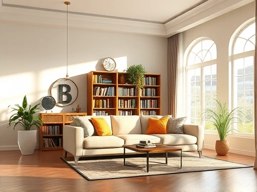 세련된 거실 인테리어, 따뜻한 조명 아래 편안한 소파와 책장이 배치되어 있으며, 넓은 창문으로 부드러운 햇살이 들어오는 장면