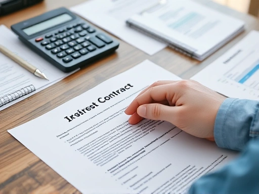 계약서와 계산기가 놓인 테이블 클로즈업, 중요한 서류들이 정리되어 있고, 신중한 표정으로 서류를 검토하는 손이 보이는 장면