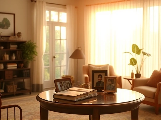 밝은 햇살이 들어오는 아늑한 거실, 가족사진과 책이 놓인 테이블, 따뜻하고 편안한 분위기