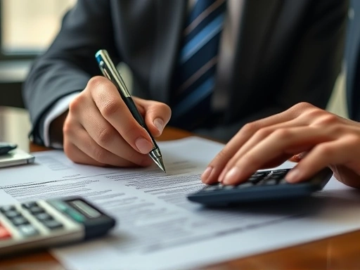 계약서에 집중하는 손, 펜, 계산기, 중요한 결정을 신중하게 내리는 모습