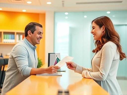{밝은 색감의 은행 창구에서 상담을 받는 고객의 모습