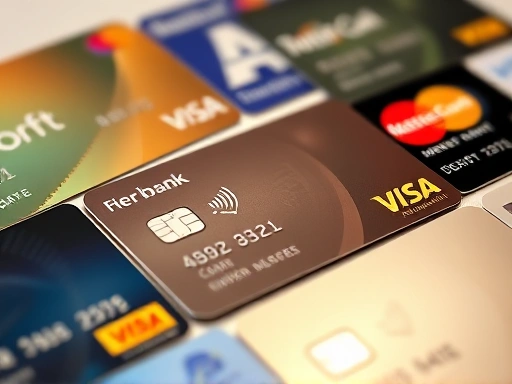 {각기 다른 은행 로고가 새겨진 여러 개의 신용카드가 테이블 위에 정렬되어 있는 클로즈업 샷입니다.