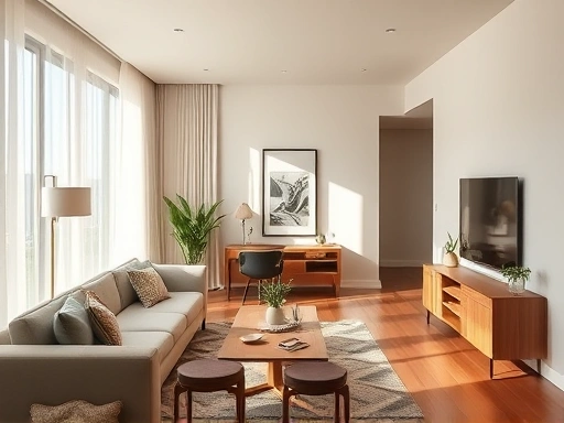 {세련된 현대적인 스타일로 디자인된 아파트 인테리어, 부드러운 자연광이 창문을 통해 들어와 아늑하고 편안한 분위기