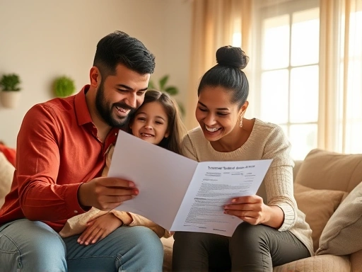 밝은 햇살이 들어오는 거실, 가족이 함께 대출 서류를 보며 미소짓는 모습