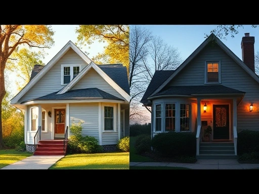 두 개의 집 그림이 나란히 놓여 있고, 하나는 햇빛이 비추는 밝은 분위기