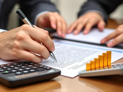 대출 서류에 서명하는 클로즈업된 손과 금전적 이익을 상징하는 계산기가 놓여 있어 신중한 재정 결정을 강조하는 이미지