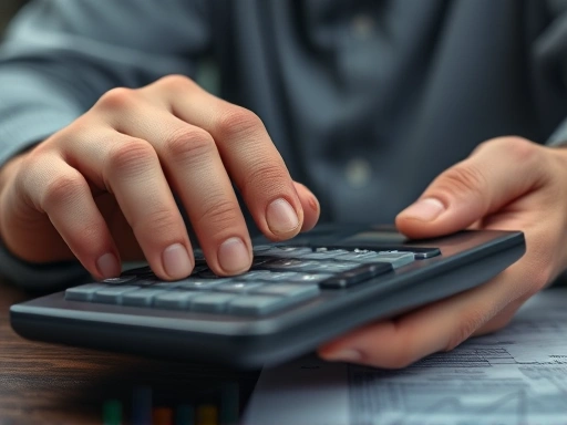 계산기를 두드리며 DSR을 계산하는 남성의 손, 집중된 클로즈업과 차분한 색상으로 신중함을 강조하는 장면