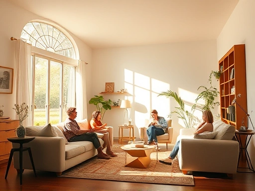 밝은 햇살이 들어오는 아늑한 거실, 가족들이 편안하게 대화하는 모습