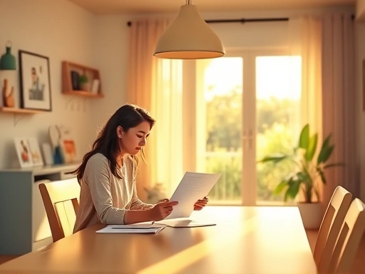 편안한 집에서 테이블에 앉아 서류를 검토하며 미래의 꿈을 그리는 한 부부의 모습