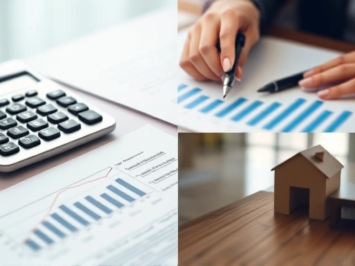 계산기와 그래프가 놓인 테이블 위 서류를 클로즈업하여 주택담보대출의 복잡성을 상징적으로 보여주며, 부드러운 조명과 차분한 색상을 사용하여 신중하고 분석적인 분위기