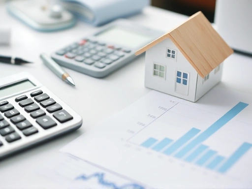 계산기, 집 모양의 저금통, 그래프가 놓여진 책상을 클로즈업한 이미지