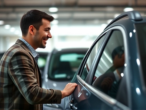 자동차 판매점에서 차량을 살펴보고 있는 구매자의 모습